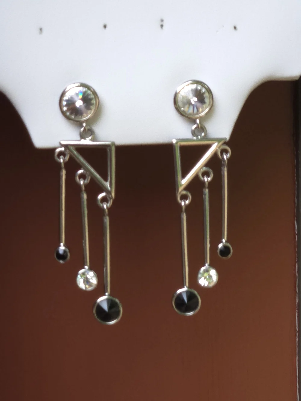 Vintage Silver-Tone Art Deco Drop Earrings with Black and Clear Stons Accents